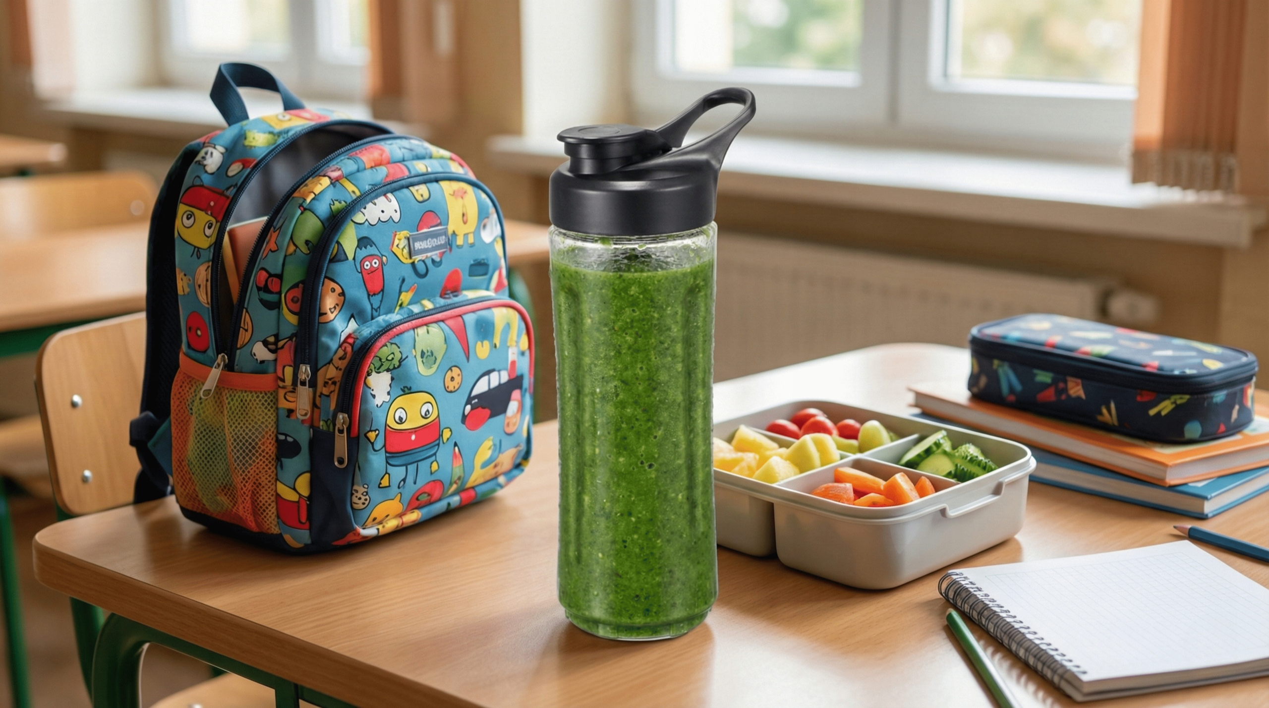 Biurko z zielonym smoothie, kolorowym plecakiem, pudełkiem na śniadanie, zeszytem i piórnikiem w klasie.