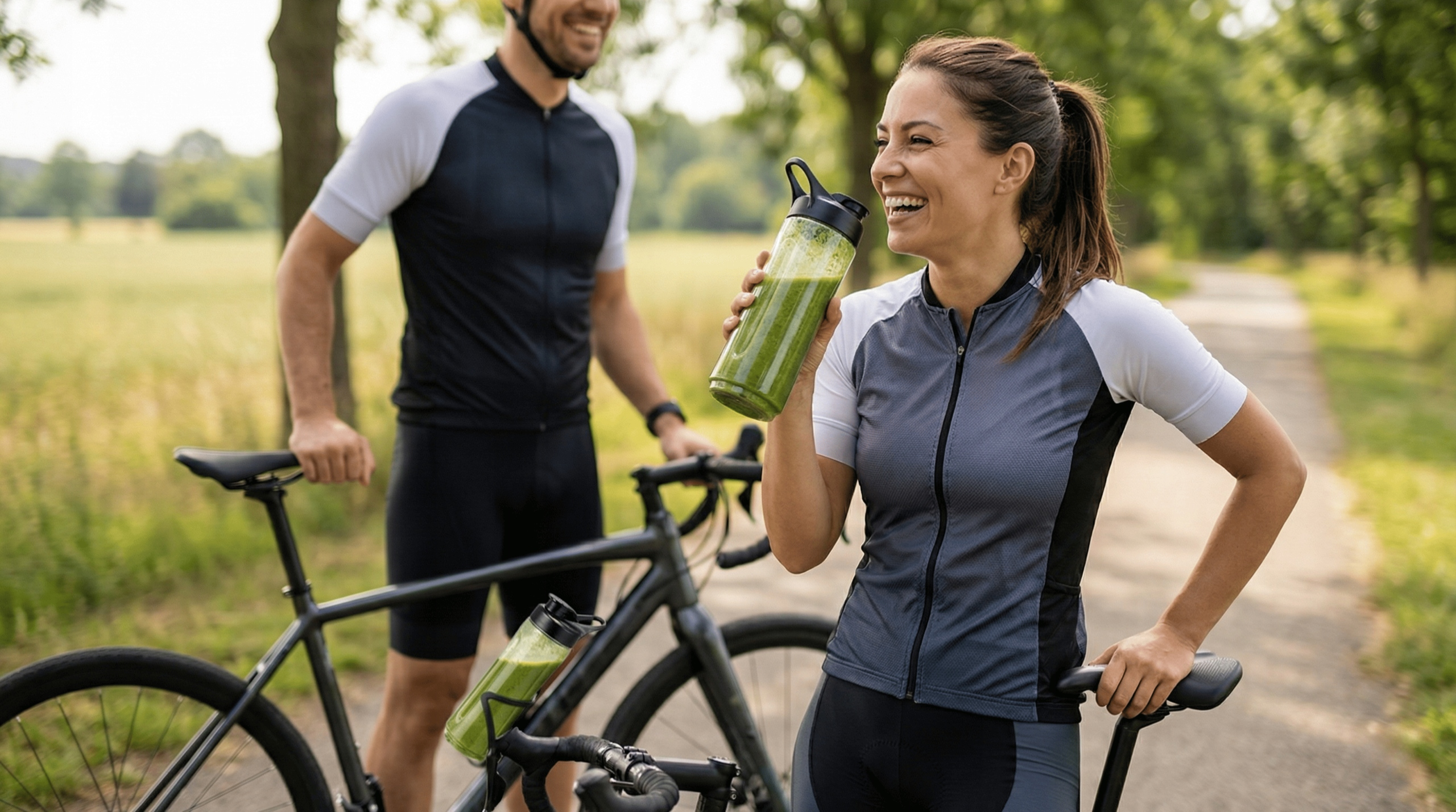 Rowerzyści uśmiechają się na ścieżce, podczas gdy kobieta pije zielone smoothie z butelki.