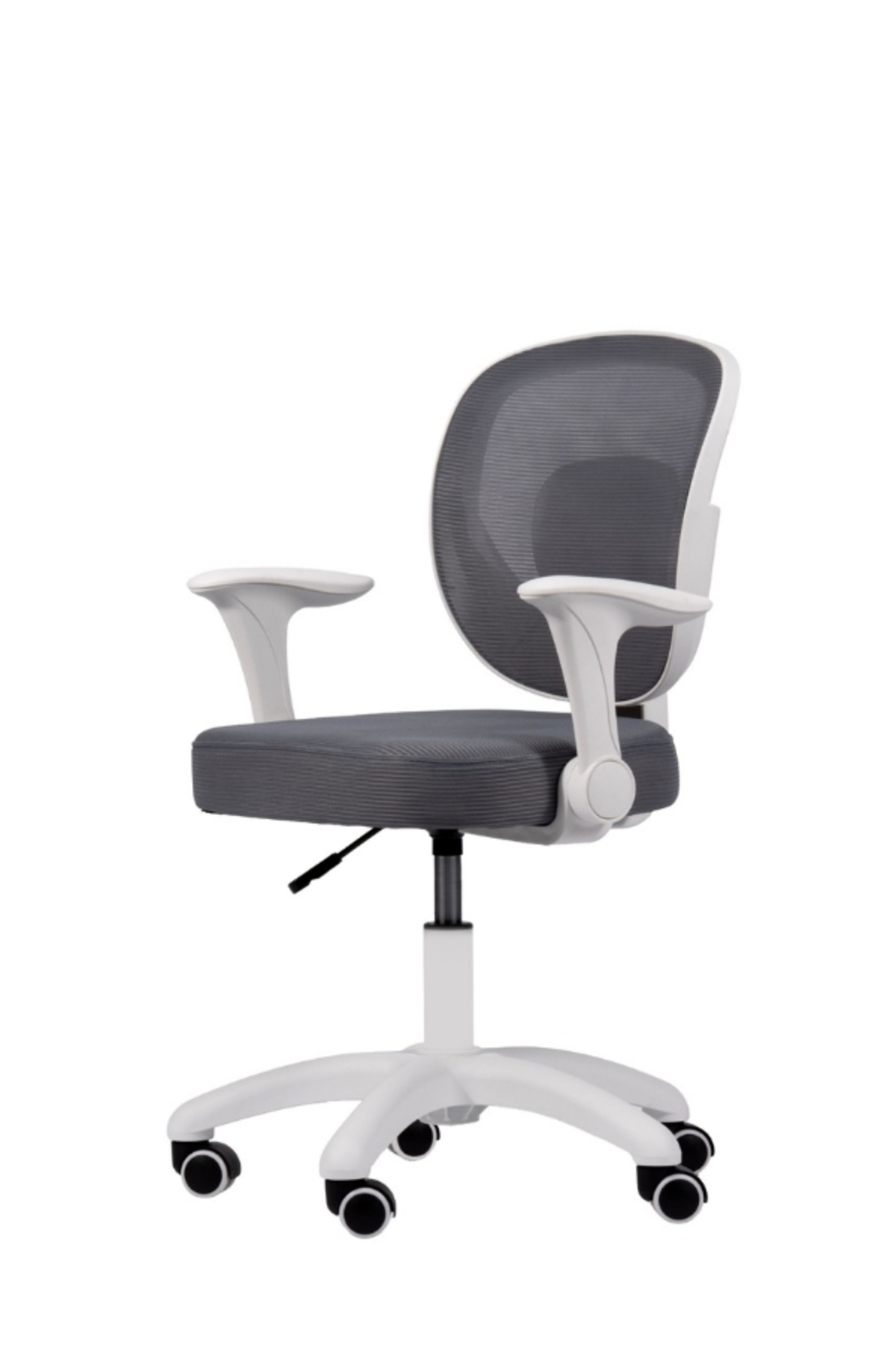 Tekerlekler uzerinde gri orgu ve beyaz cerceveli modern ergonomik ofis koltugu.