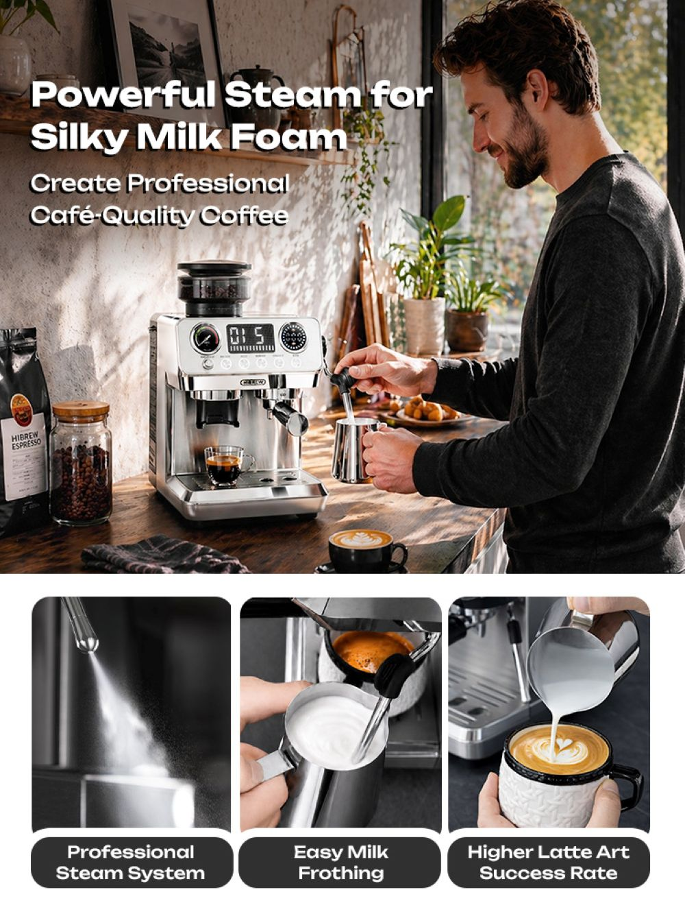 Un hombre usando una cafetera express para espumar leche.