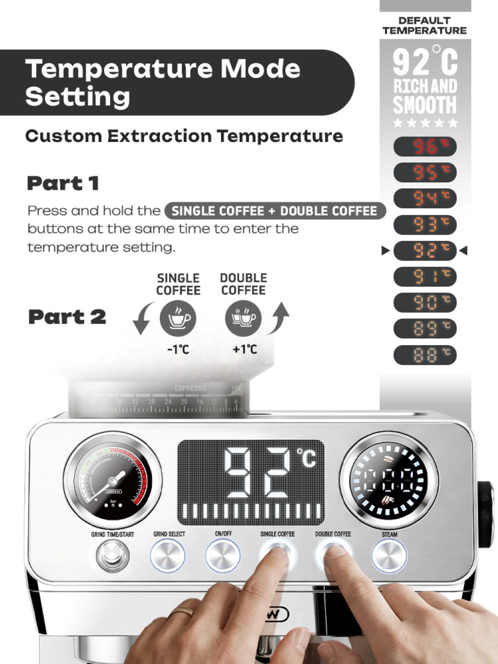 Instrucciones para configurar la temperatura de la cafetera usando botones.
