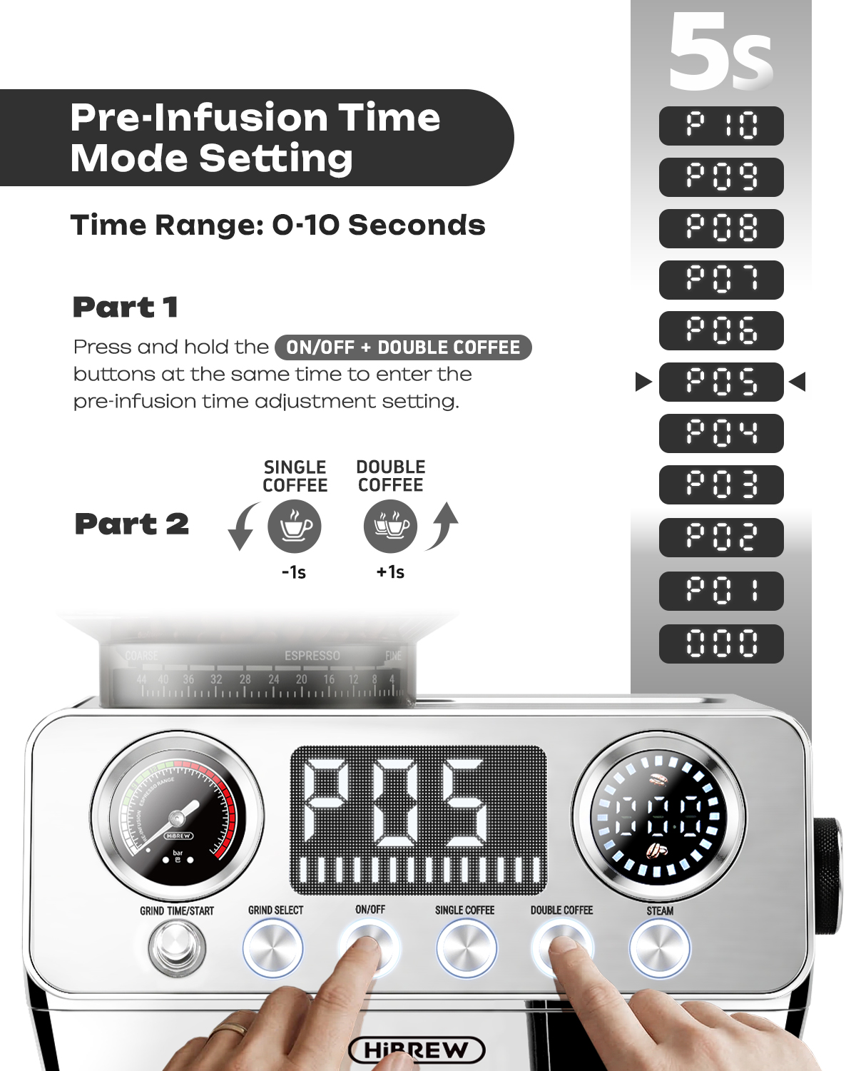 Instrucciones para configurar el tiempo de preinfusión en una cafetera con botones y pantalla.