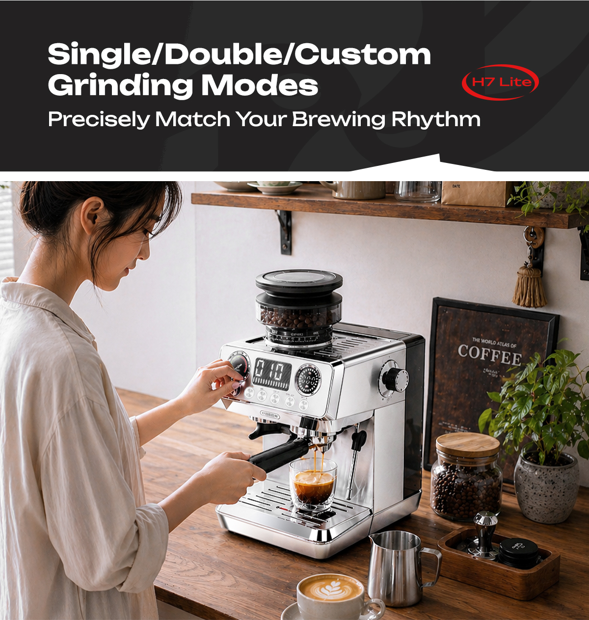 Una donna che usa una moderna macchina da caffè in una cucina.