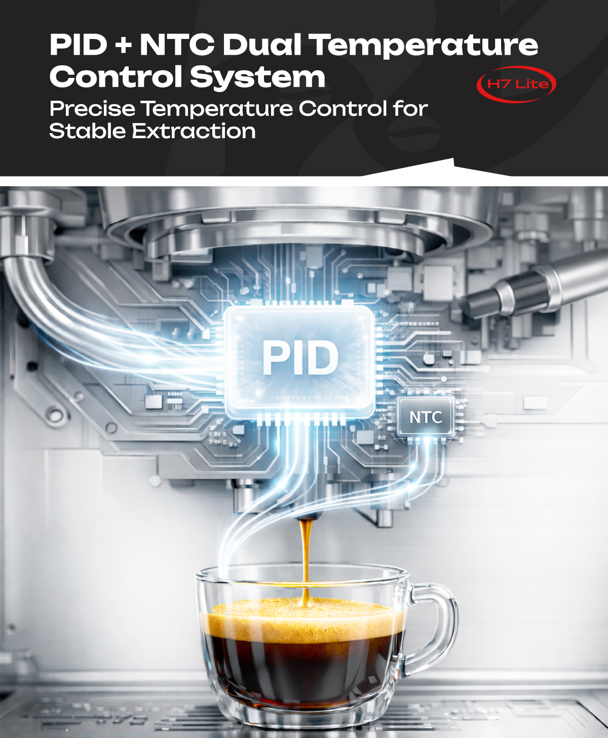 Diagrama de sistema de control de temperatura dual PID y NTC sobre una cafetera preparando espresso en un vaso.