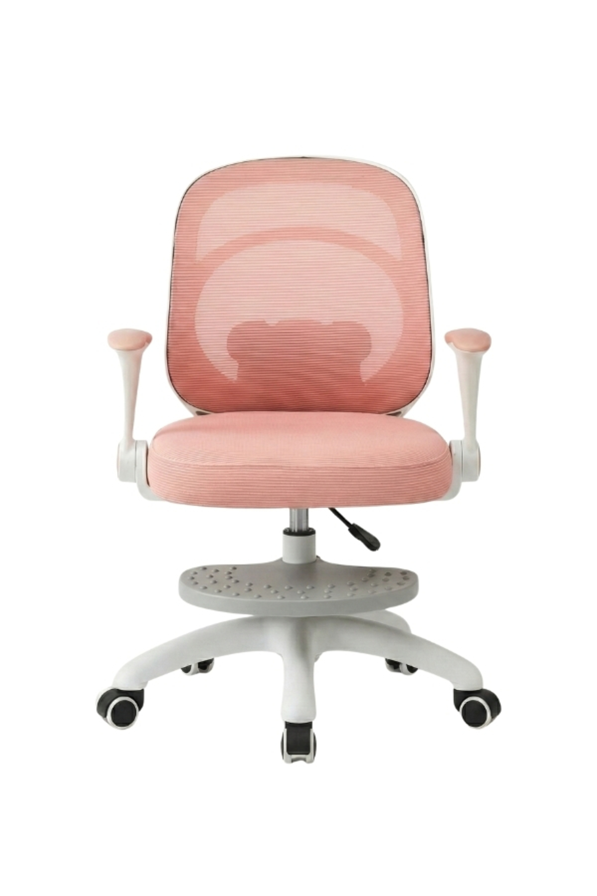Beyaz arka planda beyaz cerceveli, kolcakli, ayaklikli ve tekerlekli tabana sahip pembe ergonomik ofis koltugu.