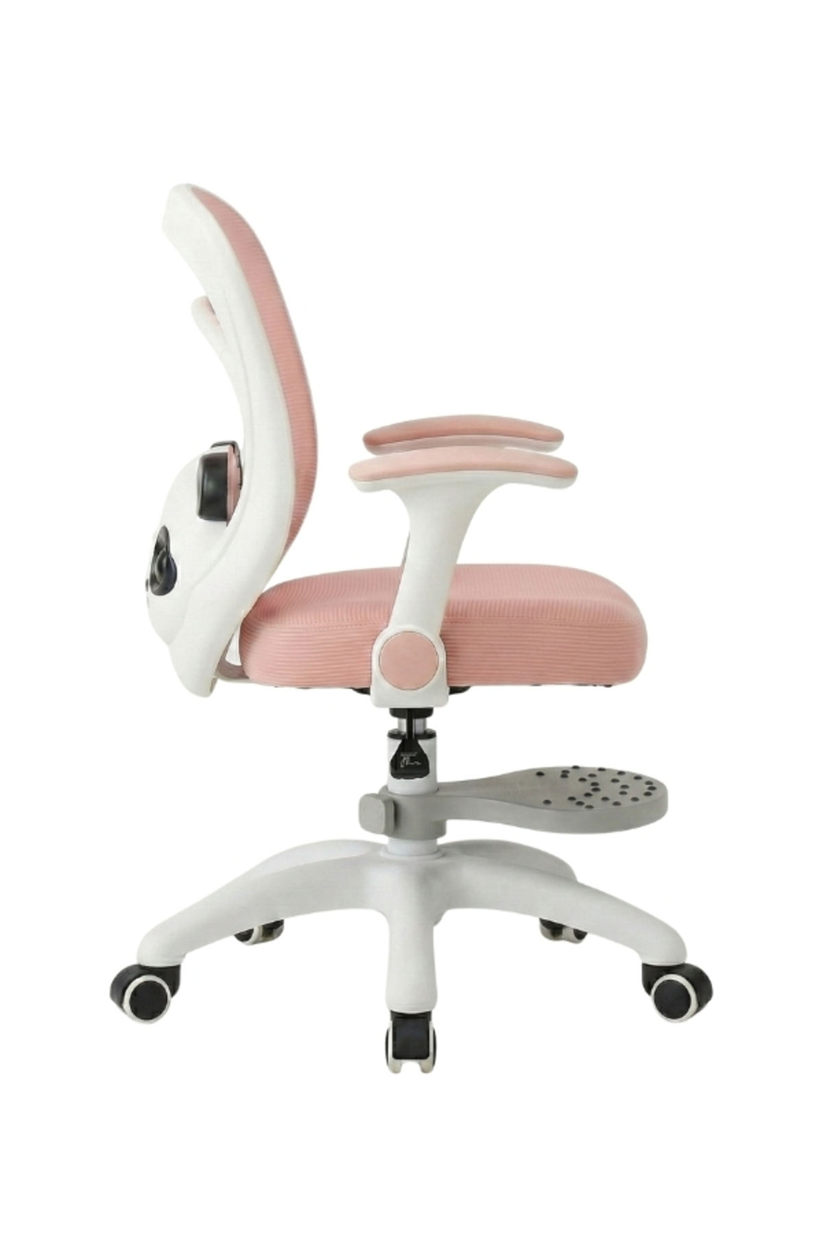 Beyaz arka planda ayak dayama yerli, pembe ve beyaz ergonomik çocuk çalışma koltuğu.