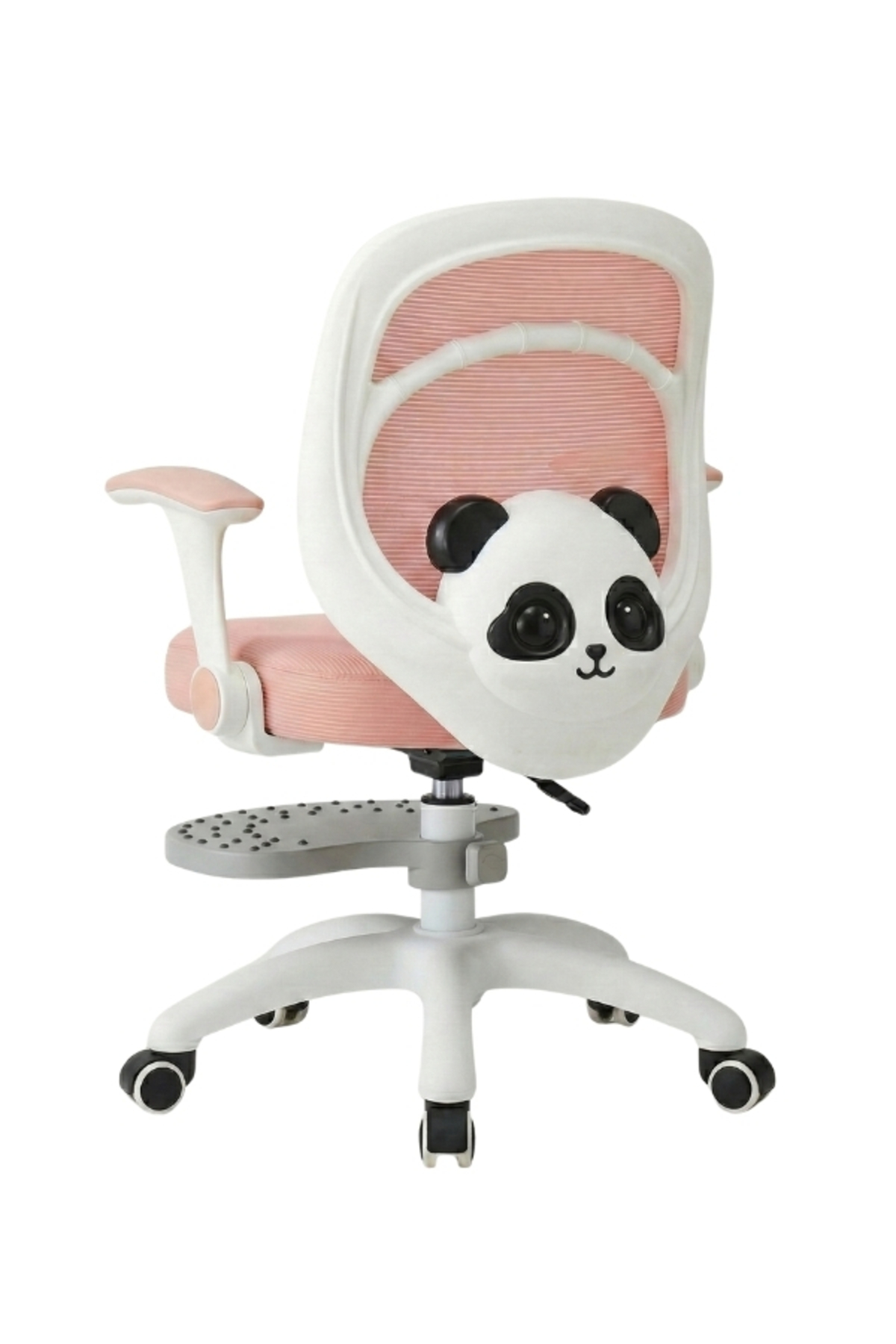 Arkada sevimli bir panda yüzü olan pembe ve beyaz çocuk çalışma sandalyesi.