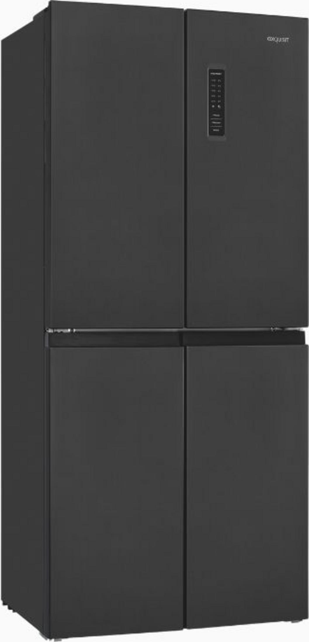 Ein moderner schwarzer Vier-Türen-Kühlschrank mit digitalem Display.