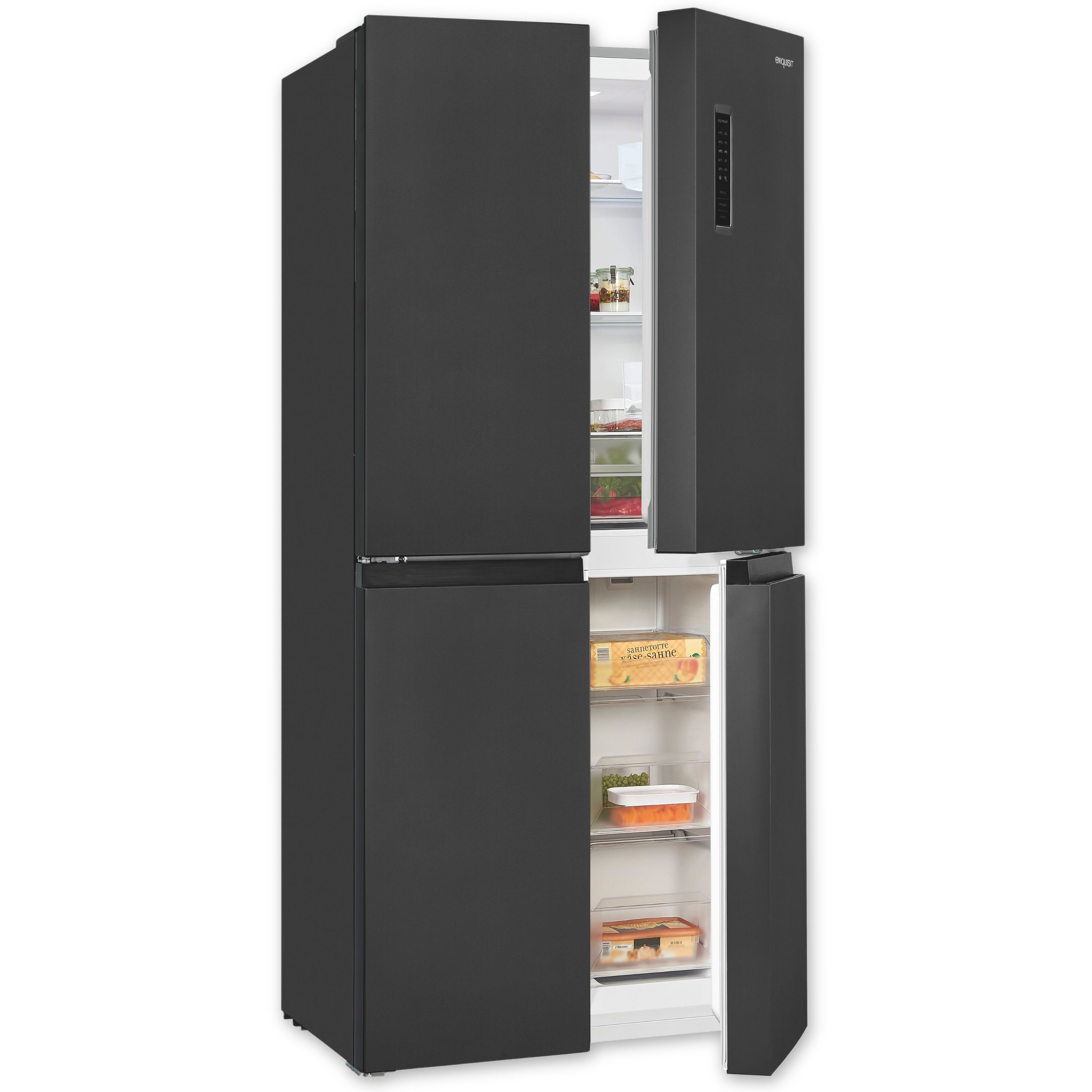 Ein moderner schwarzer Vier-Türen-Kühlschrank mit geöffneten Türen und gefüllten Regalen auf weißem Hintergrund.
