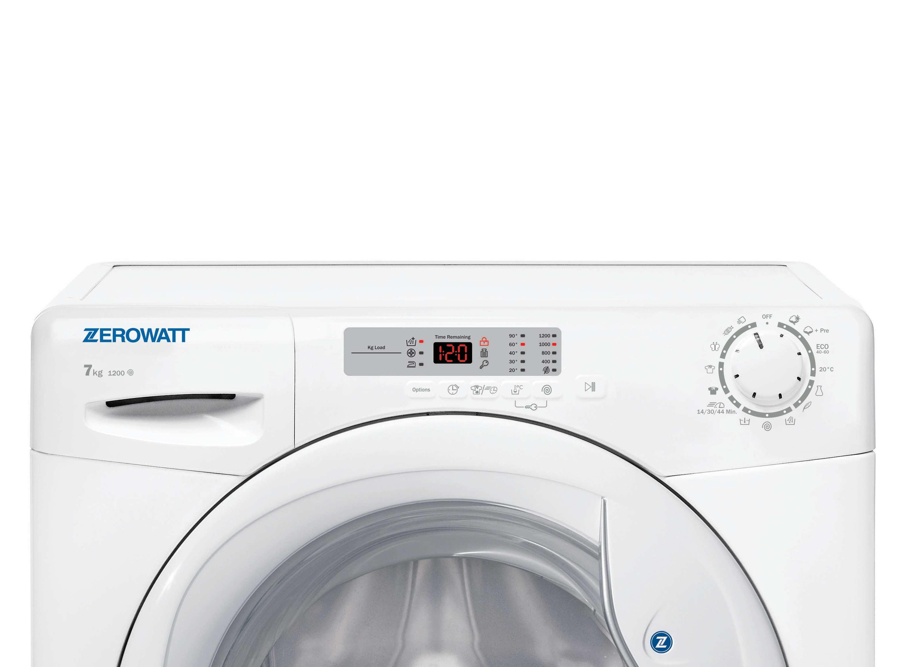 Vista frontale di una lavatrice bianca Zerowatt con display digitale e manopola.