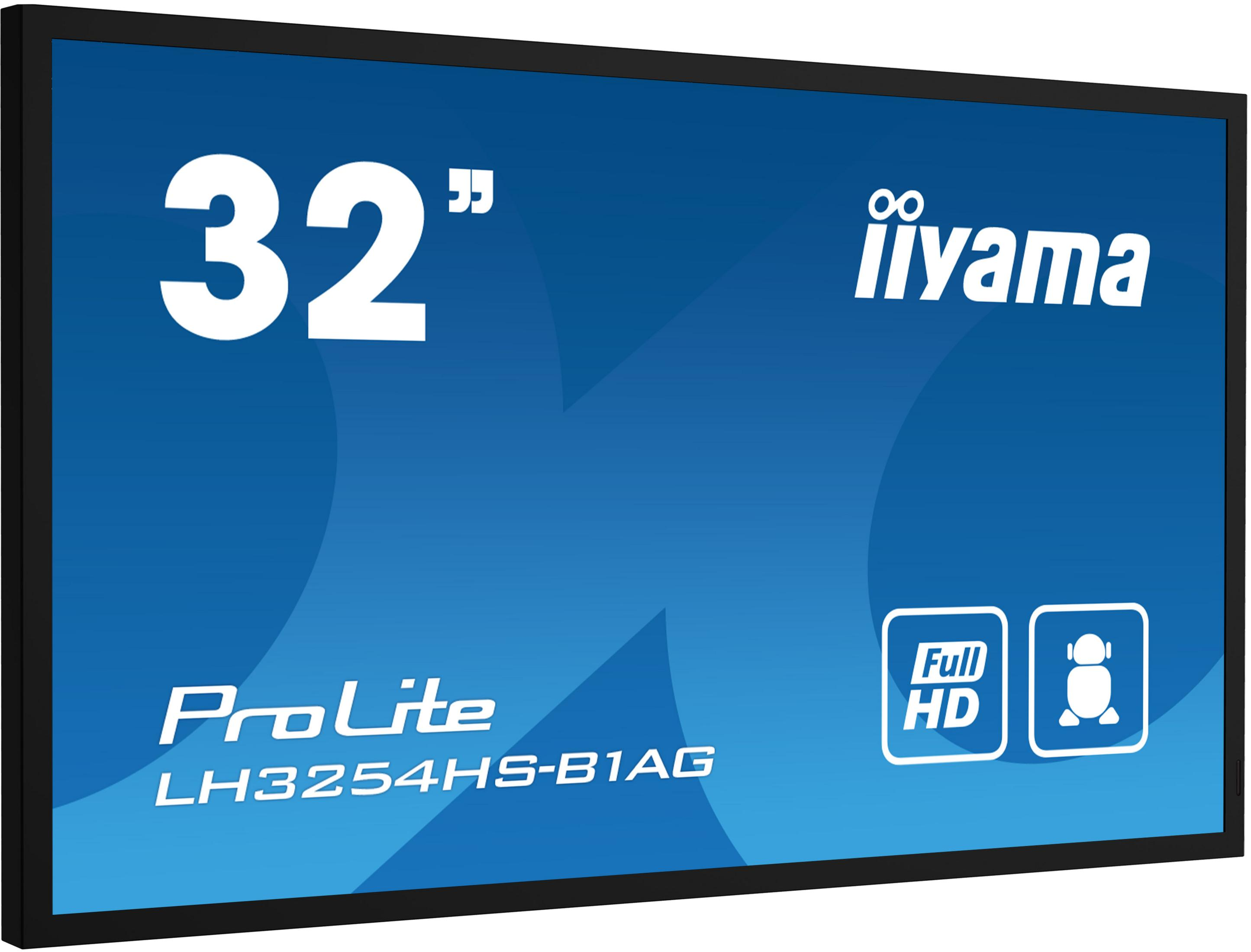 Un monitor iiyama ProLite LH3254HS-B1AG con marco negro que muestra una pantalla azul.