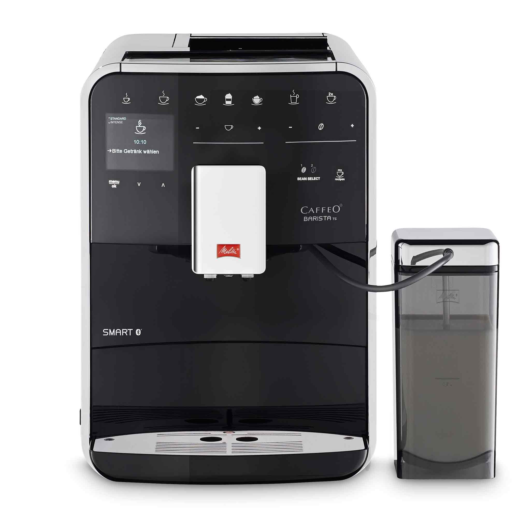 Schwarze und weiße Melitta Caffeo Barista TS Smart Kaffeevollautomat mit angeschlossenem Milchbehälter.