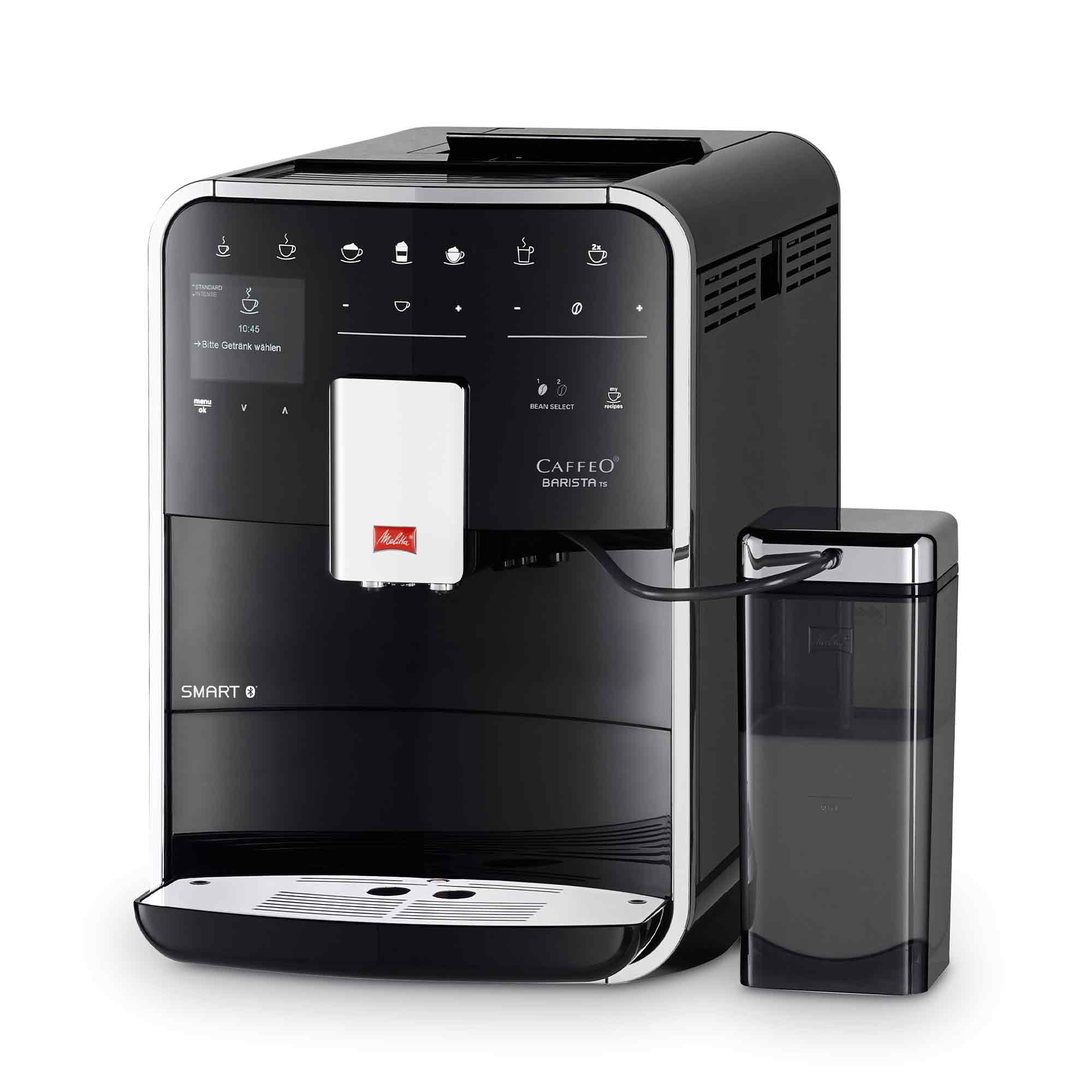 Ein moderner schwarzer Kaffeeautomat mit einem digitalen Display, silbernen Akzenten und einem separaten Milchbehälter.