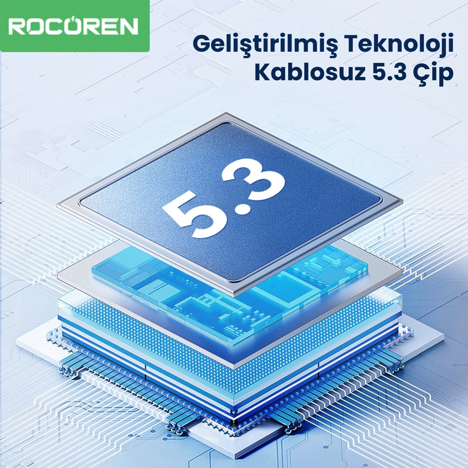 Devre kartı arka planı üzerinde 5.3 yazan mavi renkli bir mikroçip.
