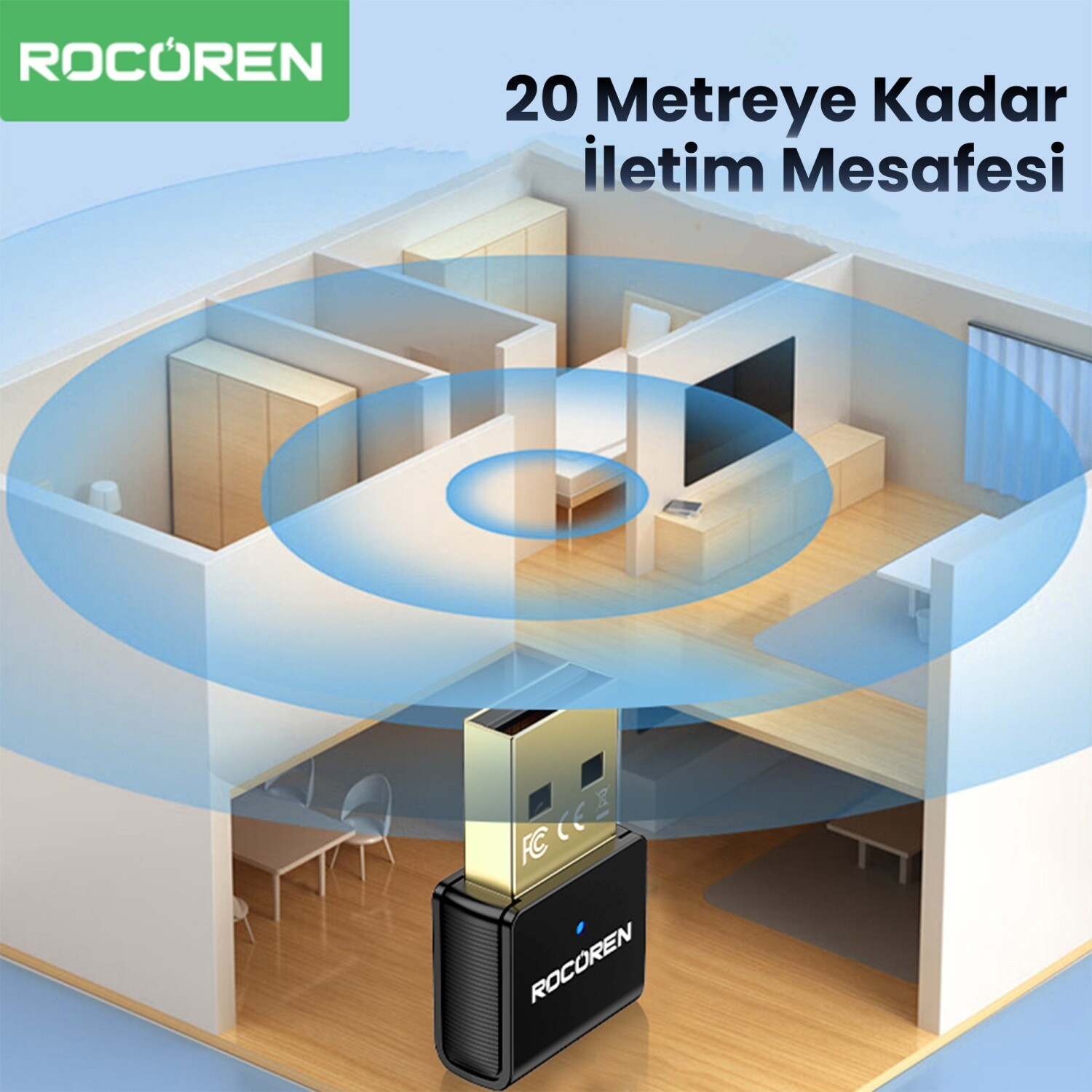 Metin içeren bir daire kesiti üzerinde mavi sinyal dalgaları yayan siyah bir USB verici.