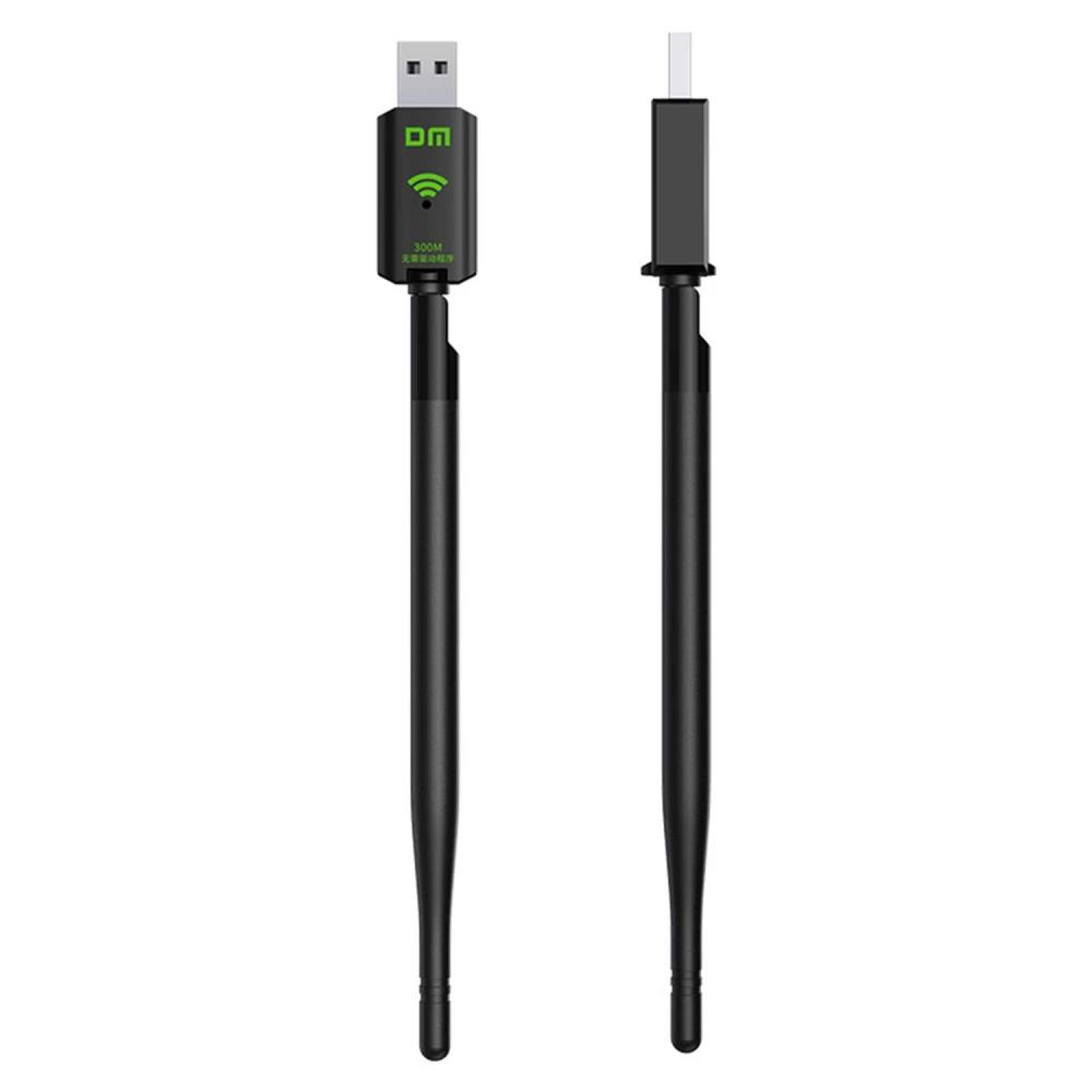 Entegre antenli siyah USB Wi-Fi adaptörü önden ve yandan gösterilmektedir.
