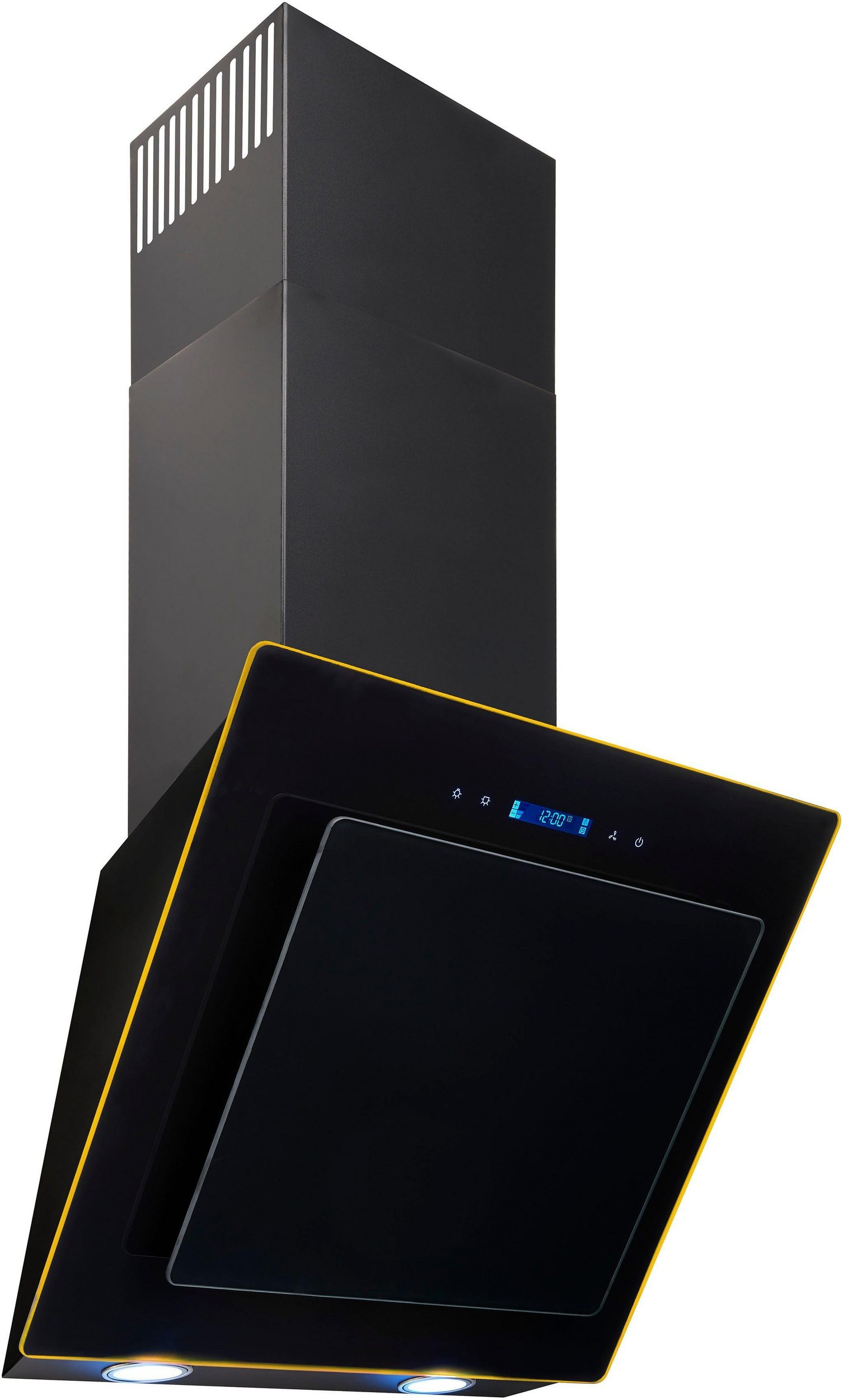 Moderne schwarze Dunstabzugshaube mit gelbem Rand, digitaler Anzeige und LED-Leuchten auf weißem Hintergrund.