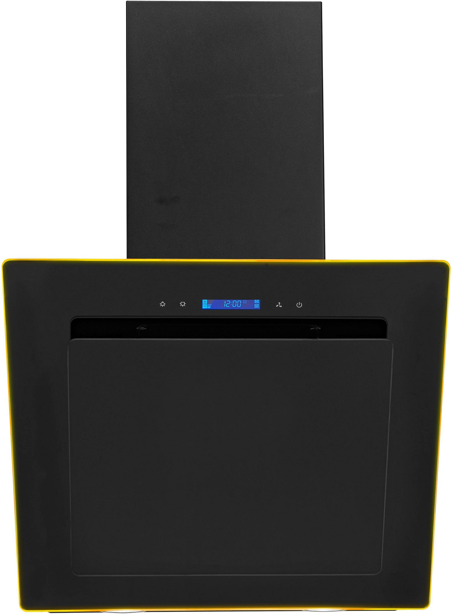 Moderne schwarze Dunstabzugshaube mit gelbem Rand und blauem LED-Display gegen einen weißen Hintergrund.
