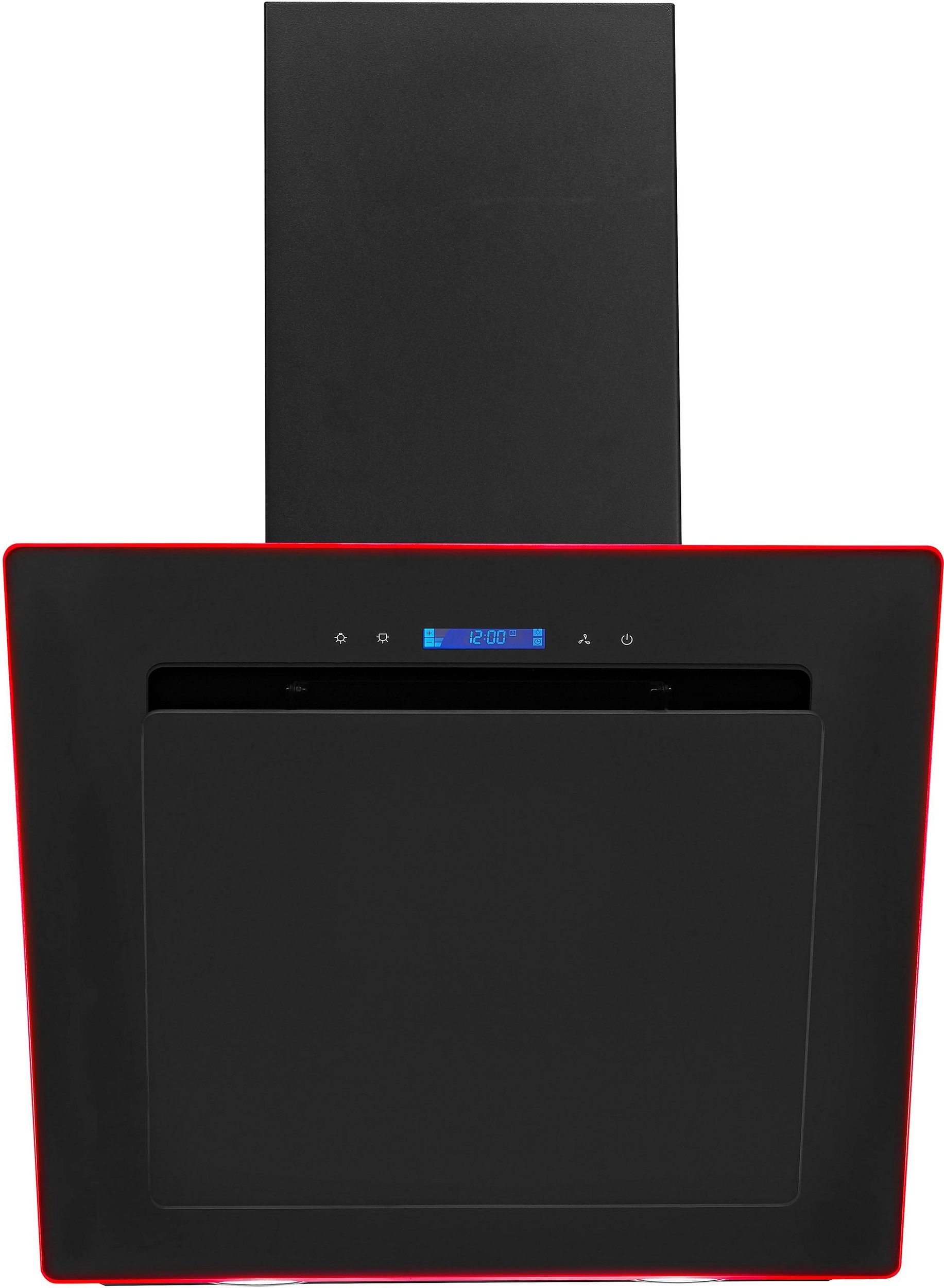 Eine schwarze Dunstabzugshaube mit rotem Rand, digitalem Display und Touch-Bedienfeldern.