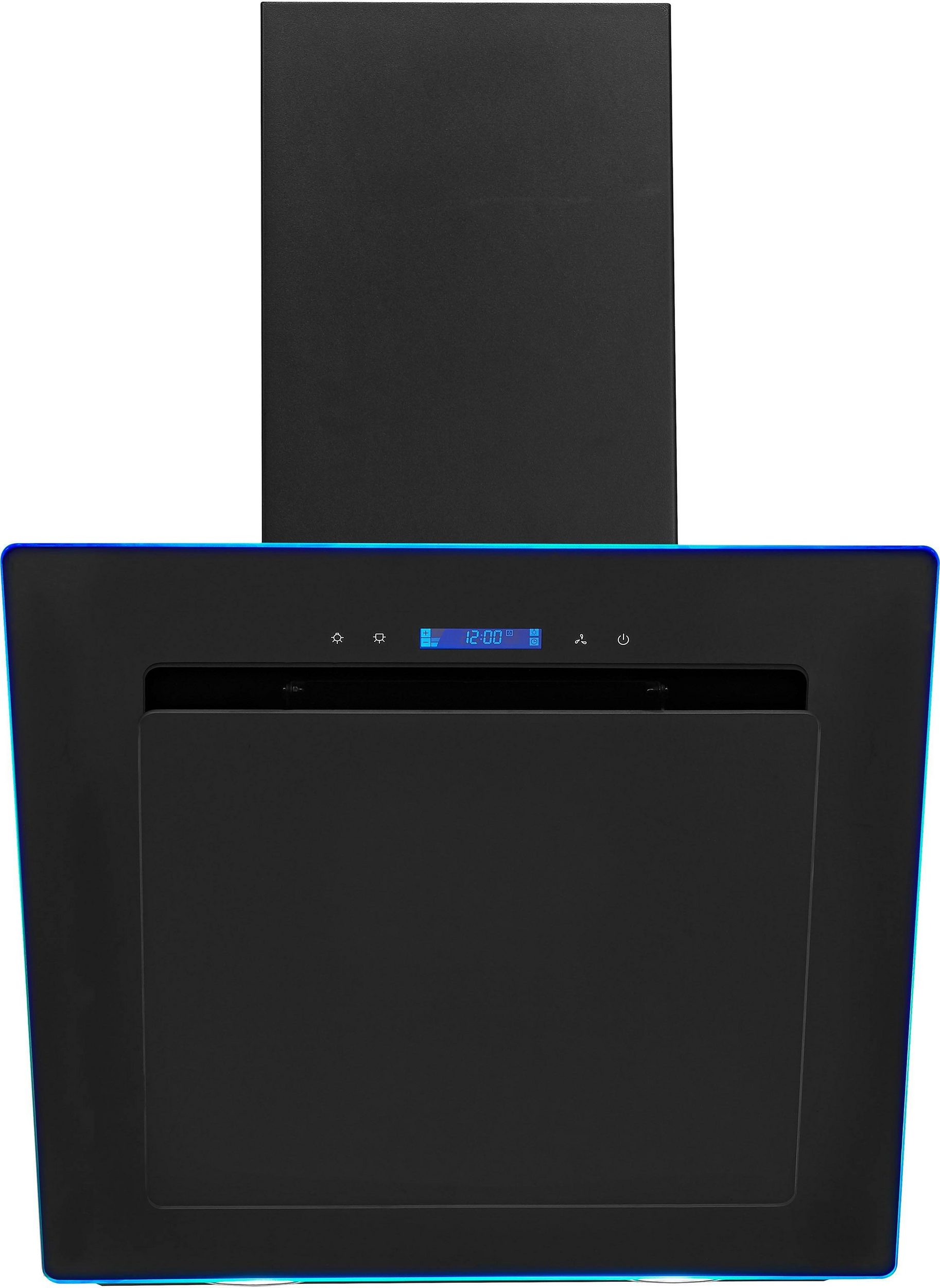 Moderne schwarze Dunstabzugshaube mit digitaler Anzeige und blauer LED-Randbeleuchtung vor weißem Hintergrund.