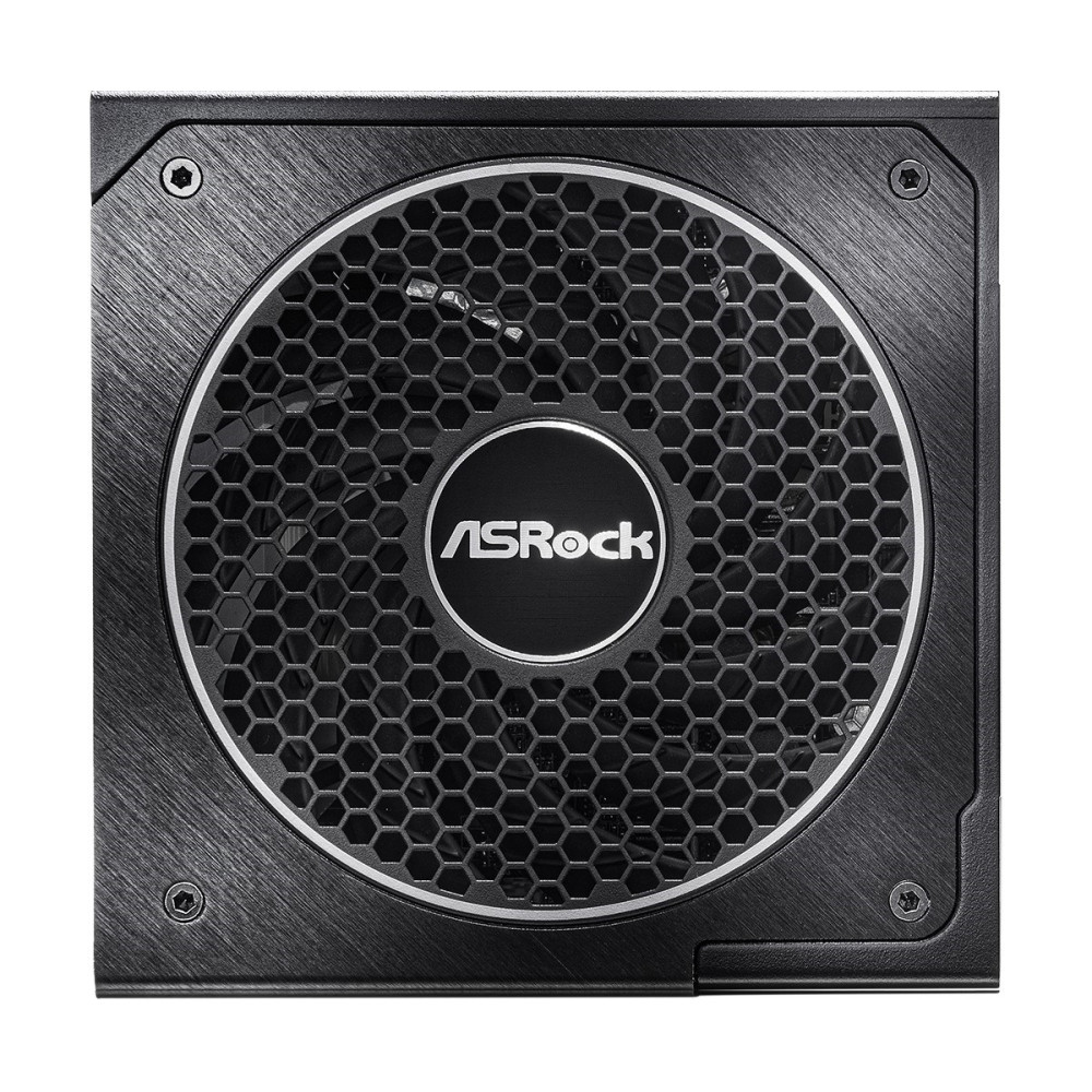 Czarny zasilacz komputera ASRock z dużą okrągłą kratką wentylatora i logo ASRock pośrodku.