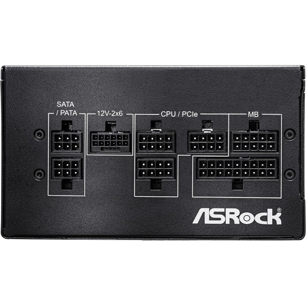 Czarny zasilacza komputerowy ASRock z modularnymi portami kablowymi i nadrukowanymi etykietami.