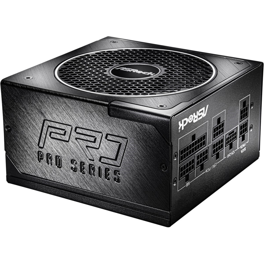 Czarny zasilacz ASRock Pro Series z modularnymi złączami kabli i kratką wentylatora.