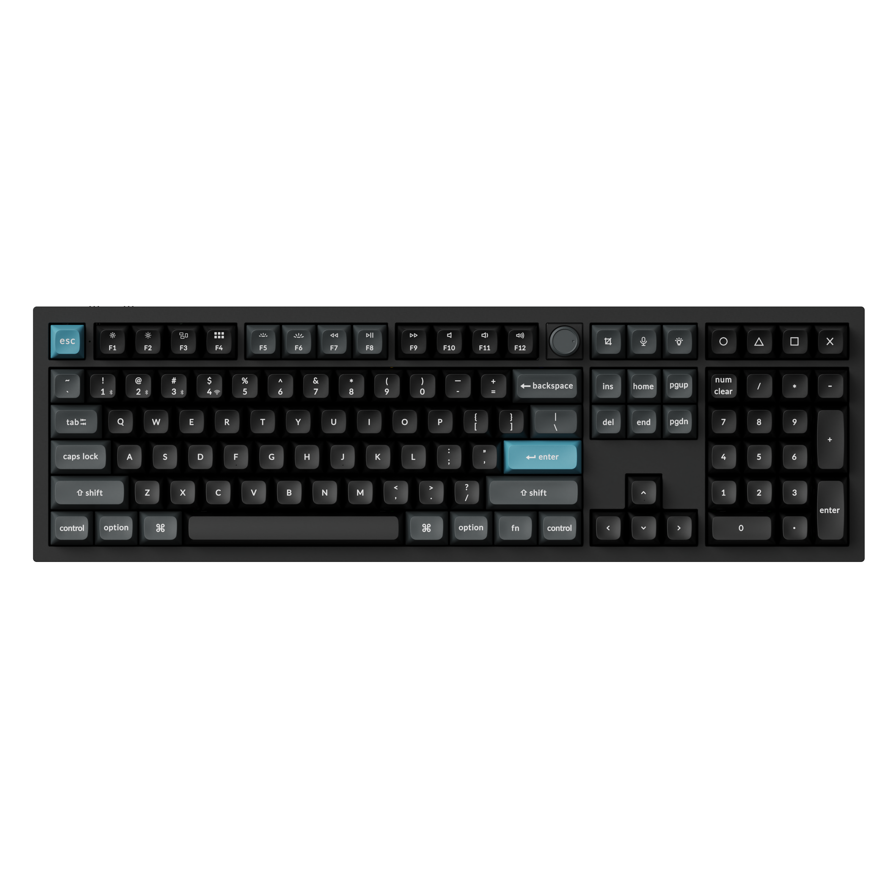 Una tastiera nera con tasti di accento blu per esc, enter e space.