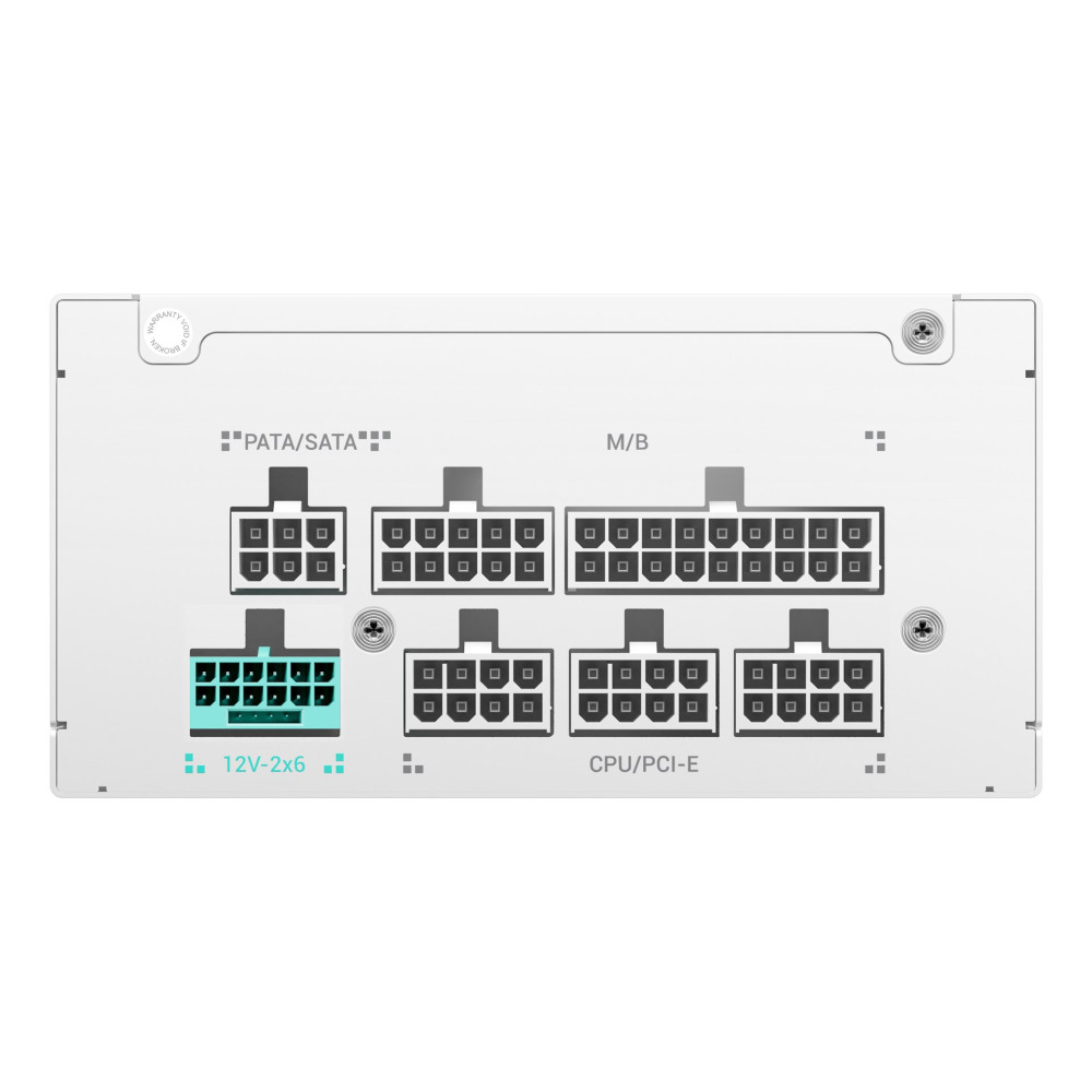Tylny panel białego zasilacza z modularnymi portami dla PATA/SATA, M/B, CPU/PCI-E oraz miętowym złączem 12V-2x6.