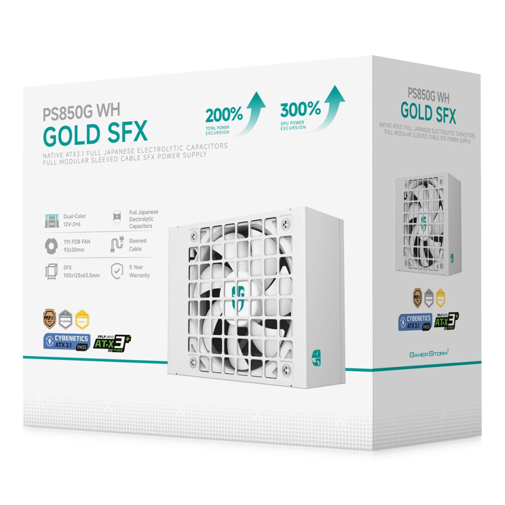 Pude#ko opakowania na bia#y zasilacz PS850G WH Gold SFX z szczeg#tami i specyfikacjami produktu.