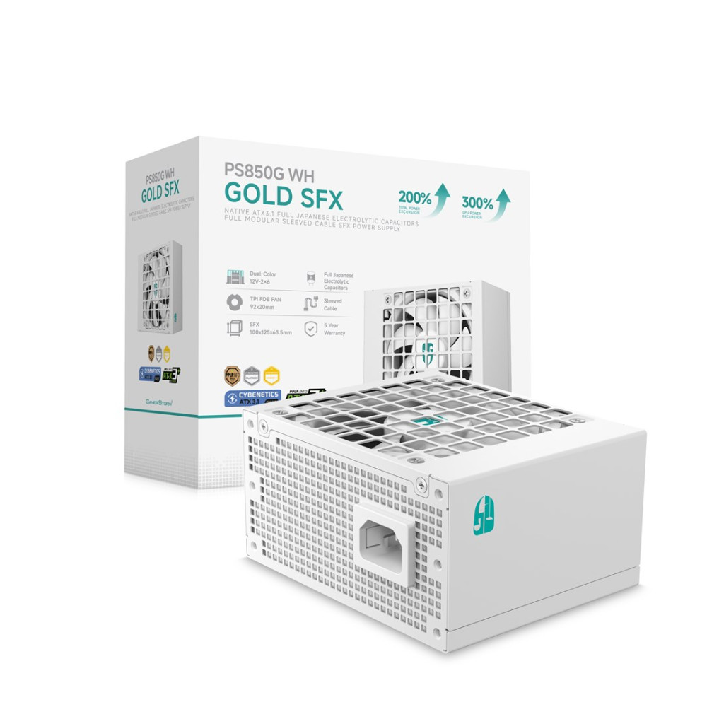 Biały zasilacza PS850G WH GOLD SFX i jego pudełko na białym tle.