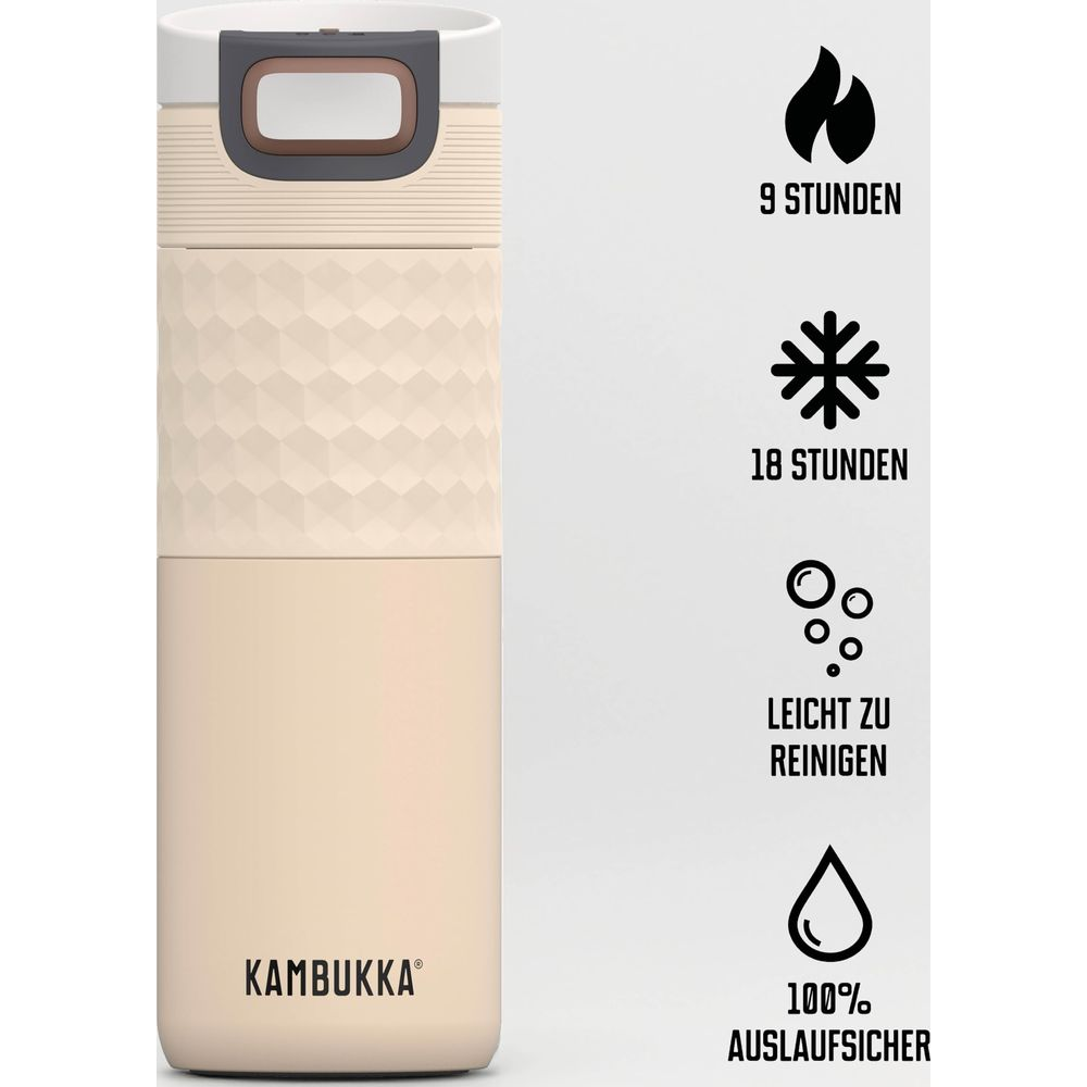 Beige Kambukka Thermobecher mit Symbolen für 9 Std heiß, 18 Std kalt, leicht zu reinigen und auslaufsicher.