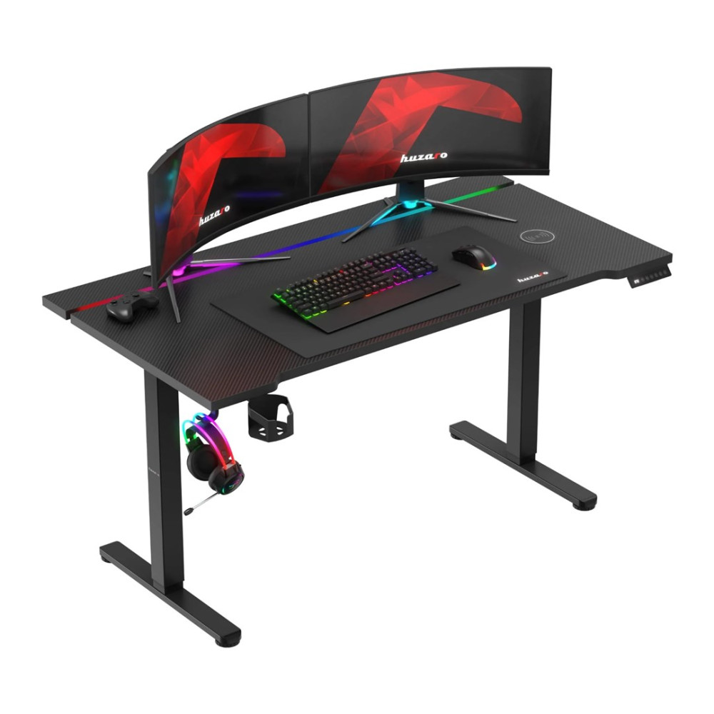 Czarne biurko dla graczy z dwoma zakrzywionymi monitorami, klawiaturą RGB, myszą, padem i słuchawkami.