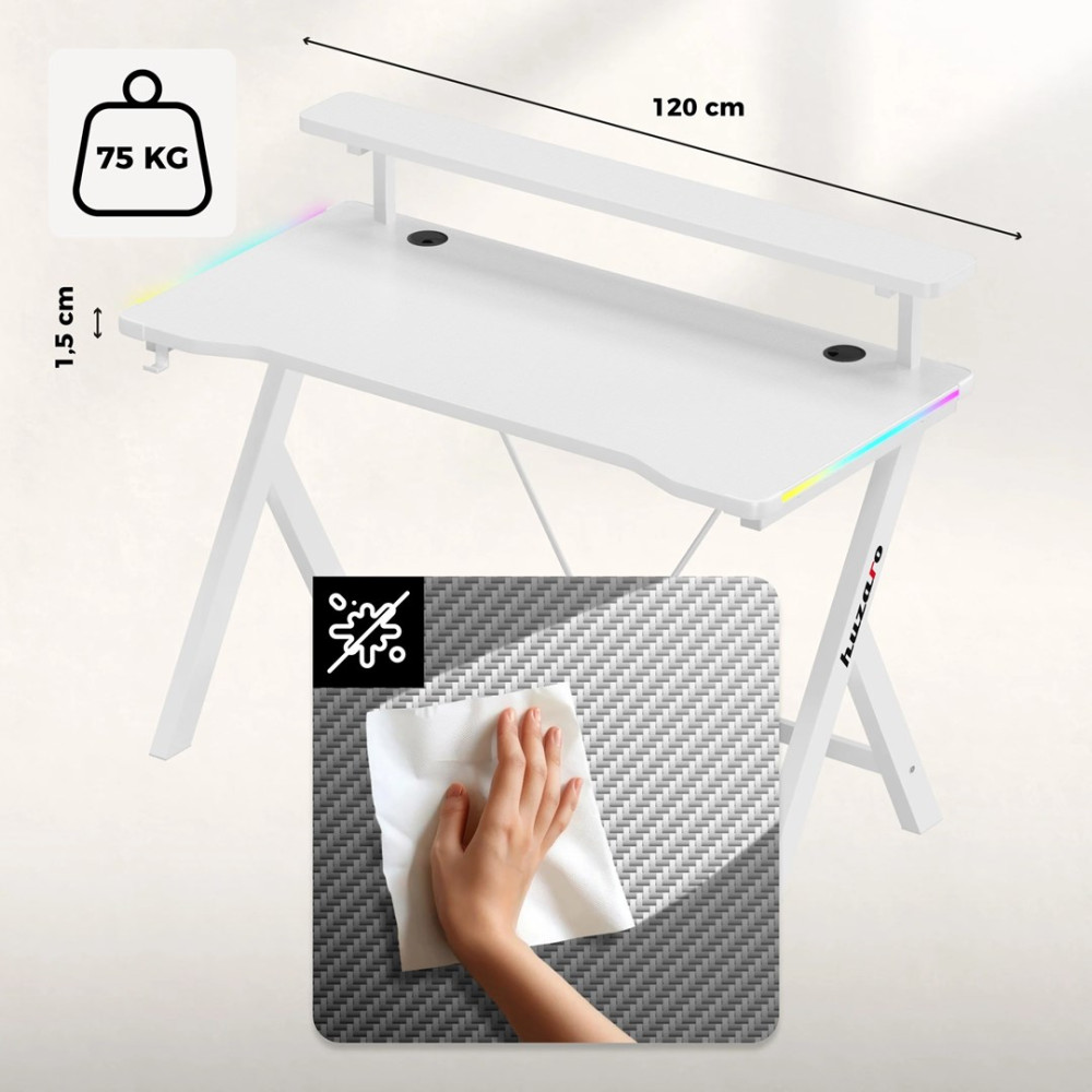 Białe biurko gamingowe z półką na monitor, szerokoś ć 120 cm, oświetlenie RGB i łatwa w czyszczeniu powierzchnia.