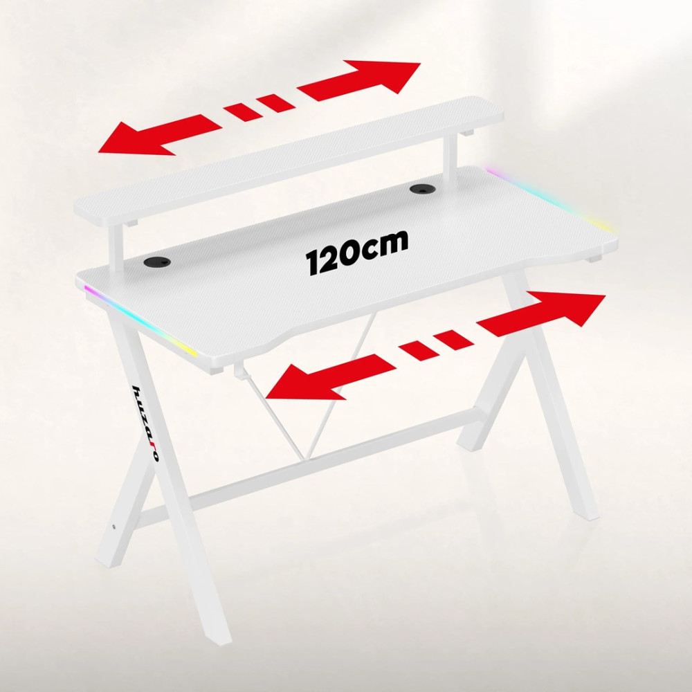 Białe biurko gamingowe z górną półką i szerokością 120 cm, z czerwonymi strzałkami wymiarowymi.