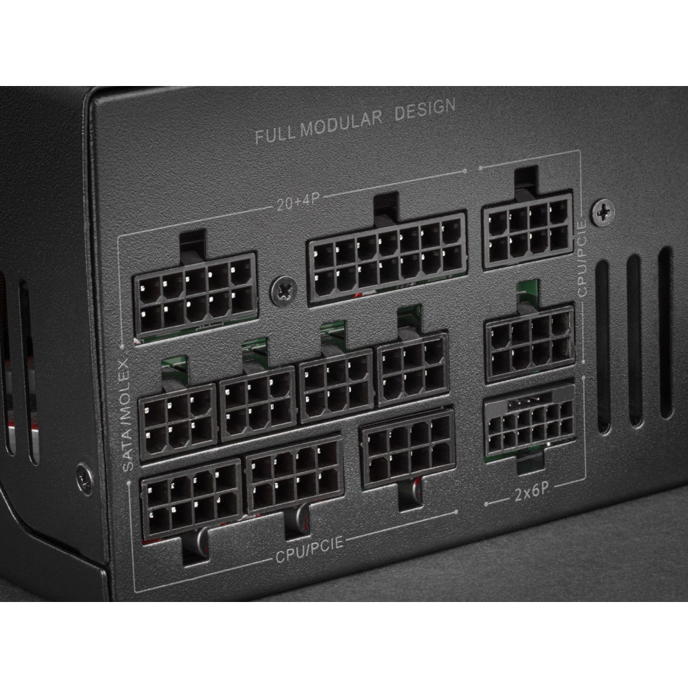 Tylny panel czarnego zasilacza modularnego z oznaczonymi portami SATA, MOLEX, CPU i PCIe.