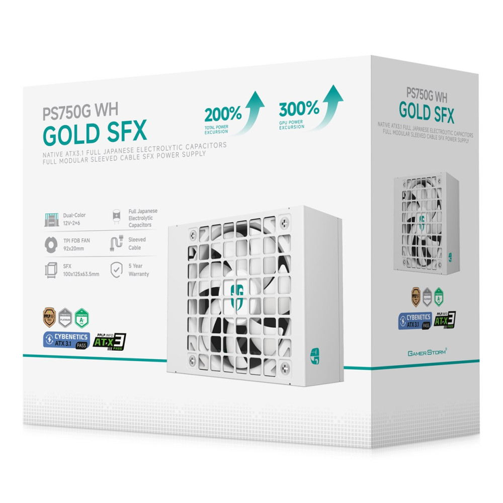 Opakowanie białego zasilacza PS750G WH GOLD SFX z danymi technicznymi.