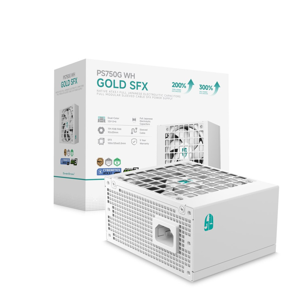 Biały zasilacz PS750G WH Gold SFX przed pudełkiem z danymi technicznymi.
