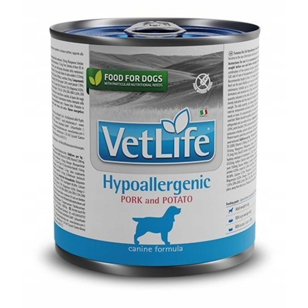 Puszka karmydrops VetLife Hypoallergenic wieprzowina z ziemniakami, biała etykieta z niebieską sylwetką psa.