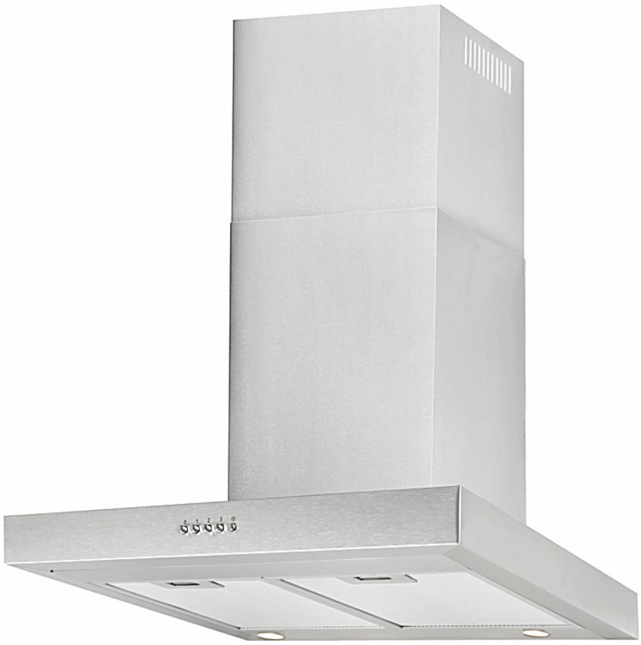 Edelstahl-Dunstabzugshaube mit rechteckigem Kamin, Drucktasten und Unterleuchtung.