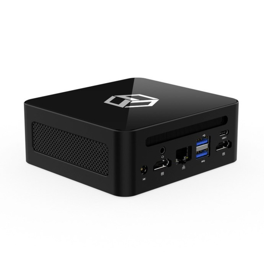 Czarny mini PC z portami z przodu i białym logo na górze, na białym tle.