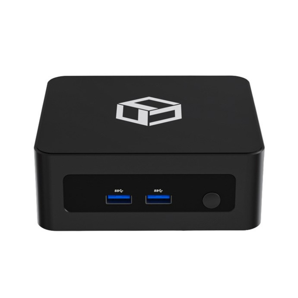 Czarny mini PC z białym logo na górze i dwoma portami USB z przodu.