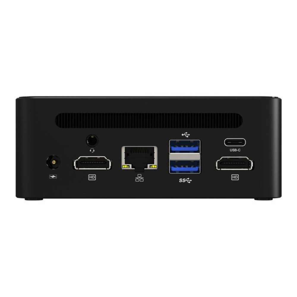 Tylny panel czarnego mini PC z portami HDMI, Ethernet, USB, gniazdem audio i zasilaniem.