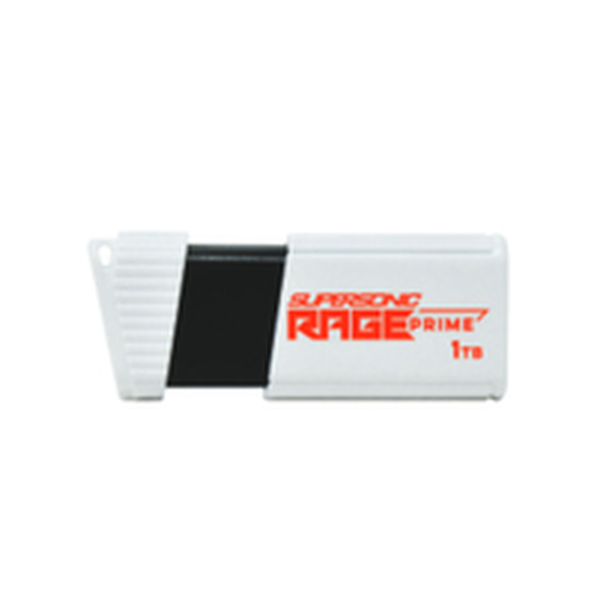 Ein weiß-schwarzer USB-Stick mit roter Aufschrift Supersonic Rage Prime 1TB auf hellem Hintergrund.
