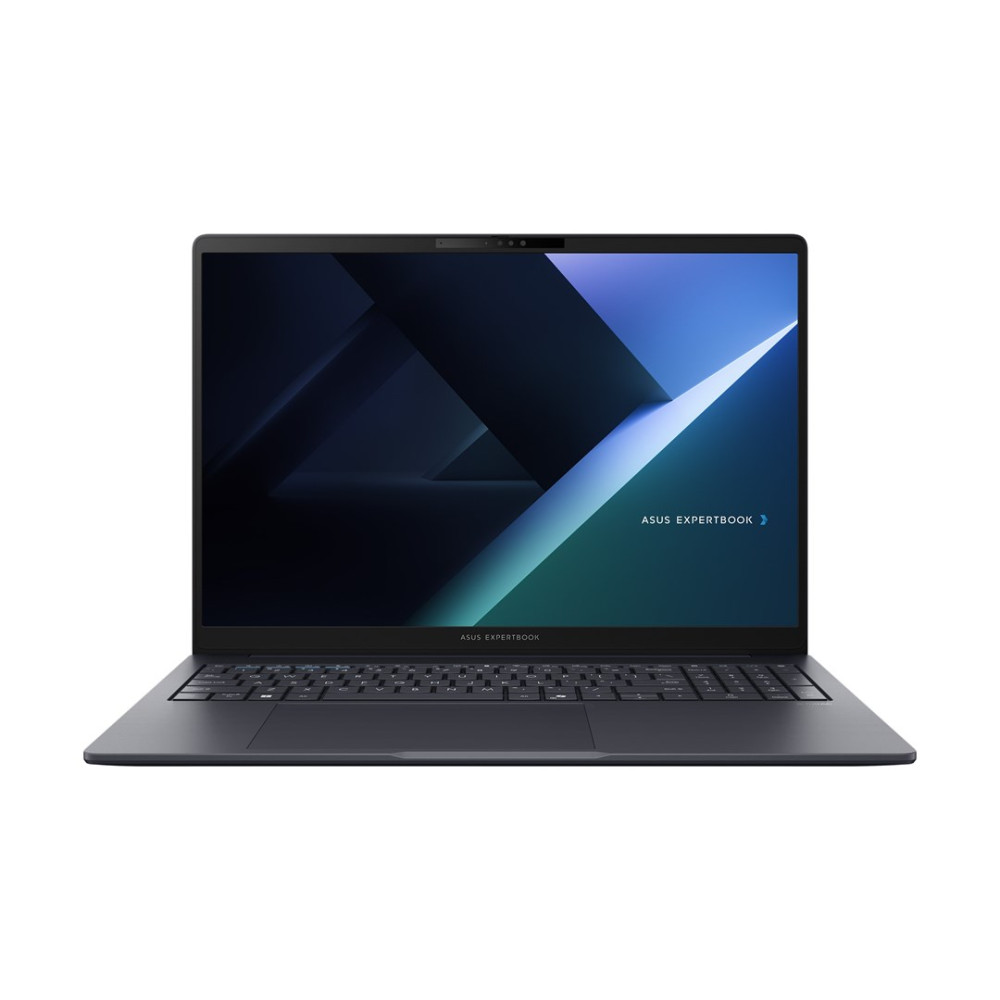 Czarny laptop Asus ExpertBook otwarty na białym tle, wyświetlający ciemnoniebieską abstrakcyjną tapetę.