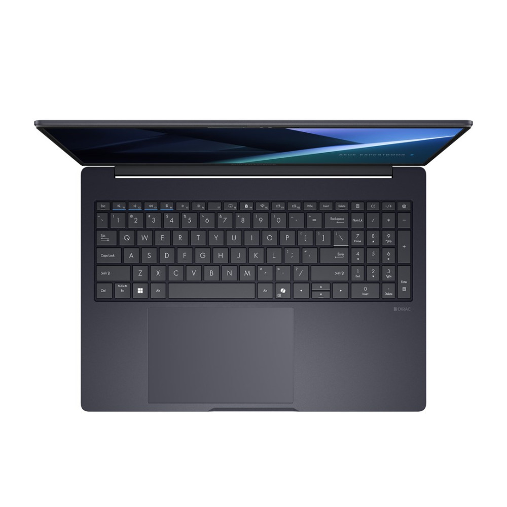 Widok z góry na otwartego ciemnoszarego laptopa z podświetlaną klawiaturą i dużym panelem dotykowym.