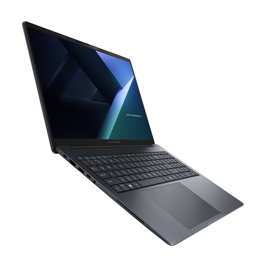 Elegancki, ciemnoszary laptop ASUS jest otwarty pod kątem, prezentując niebieską abstrakcyjną tapetę na białym tle.