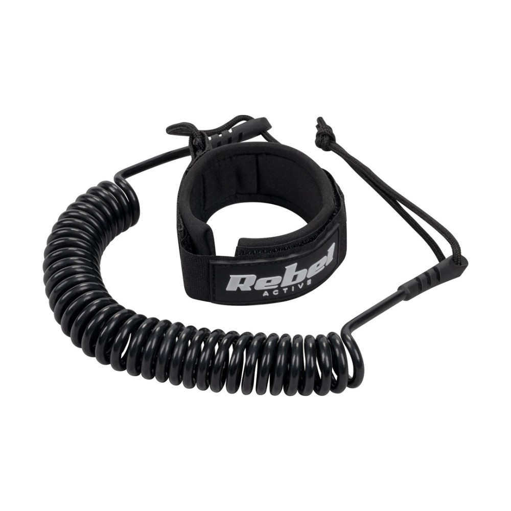 Guinzaglio a spirale nero con cavigliera imbottita e logo Rebel Active bianco, su sfondo bianco.