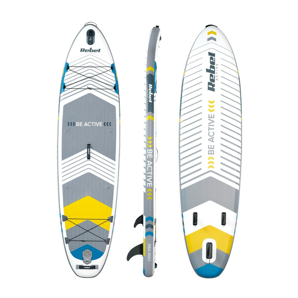 Tre viste di una tavola da sup Rebel bianca, grigia, gialla e blu: superiore, laterale e inferiore.