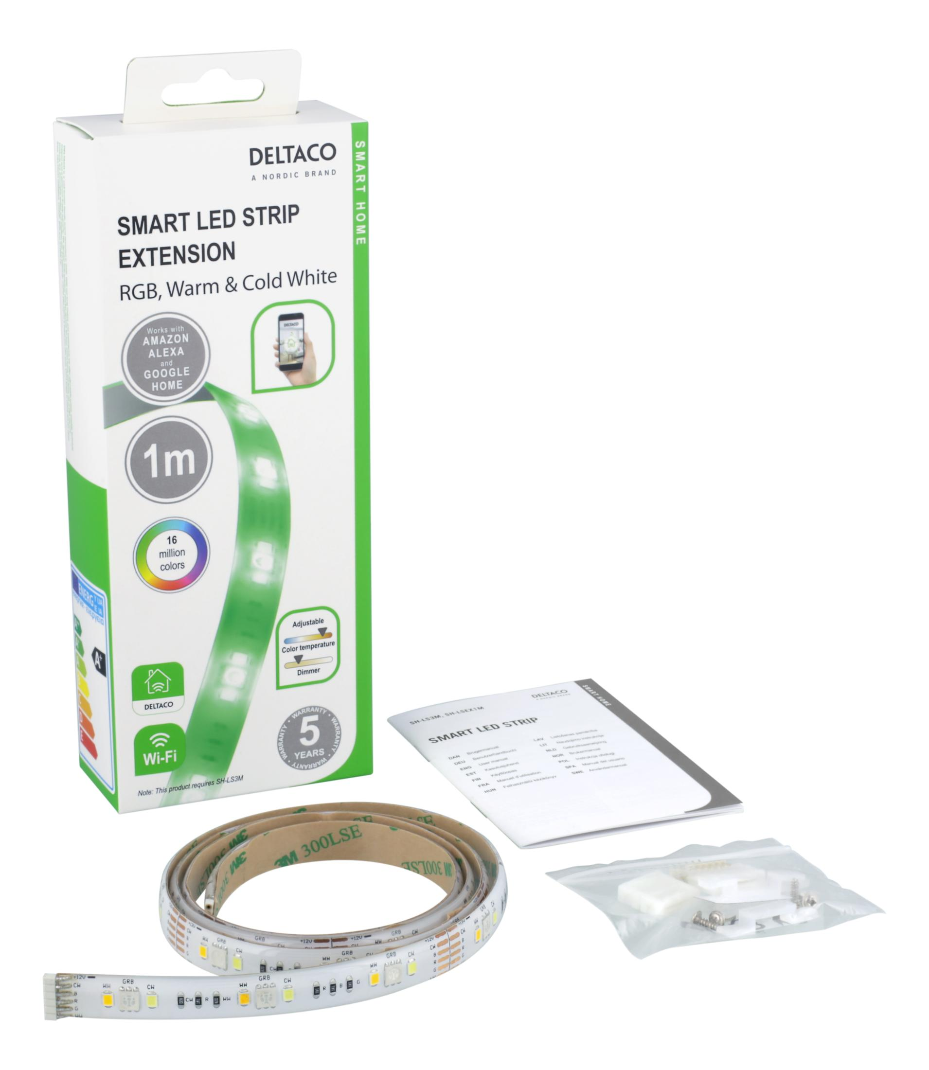 Deltaco Smart LED Streifen Verlängerungsbox, gerollter Streifen, Anleitung und Stecker auf weißem Hintergrund.
